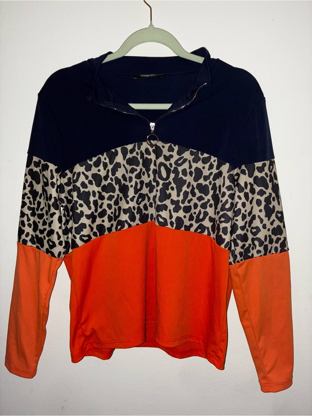 Colorblock Cowl Turtleneck Pullover - Black/Beige/Orange Leopard